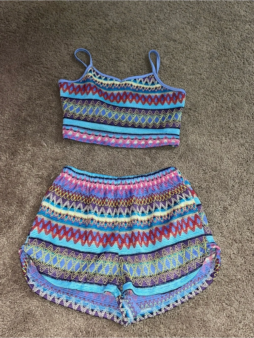 SHEIN Blue Multicolor Zigzag Knit Kids Matching Shorts Set